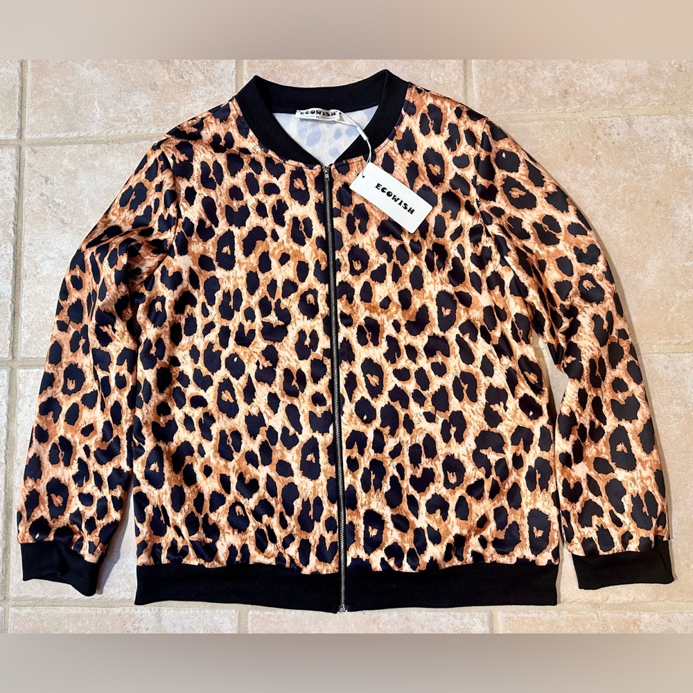 EcoWish Leopard Print Bomber Jacket XL Hip Hop Streetwear Zipper Lightweight - Picture 3 of 8